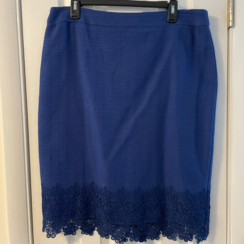 Talbots Blue Linen Lined Skirt w Lace Hem EC Sz 14